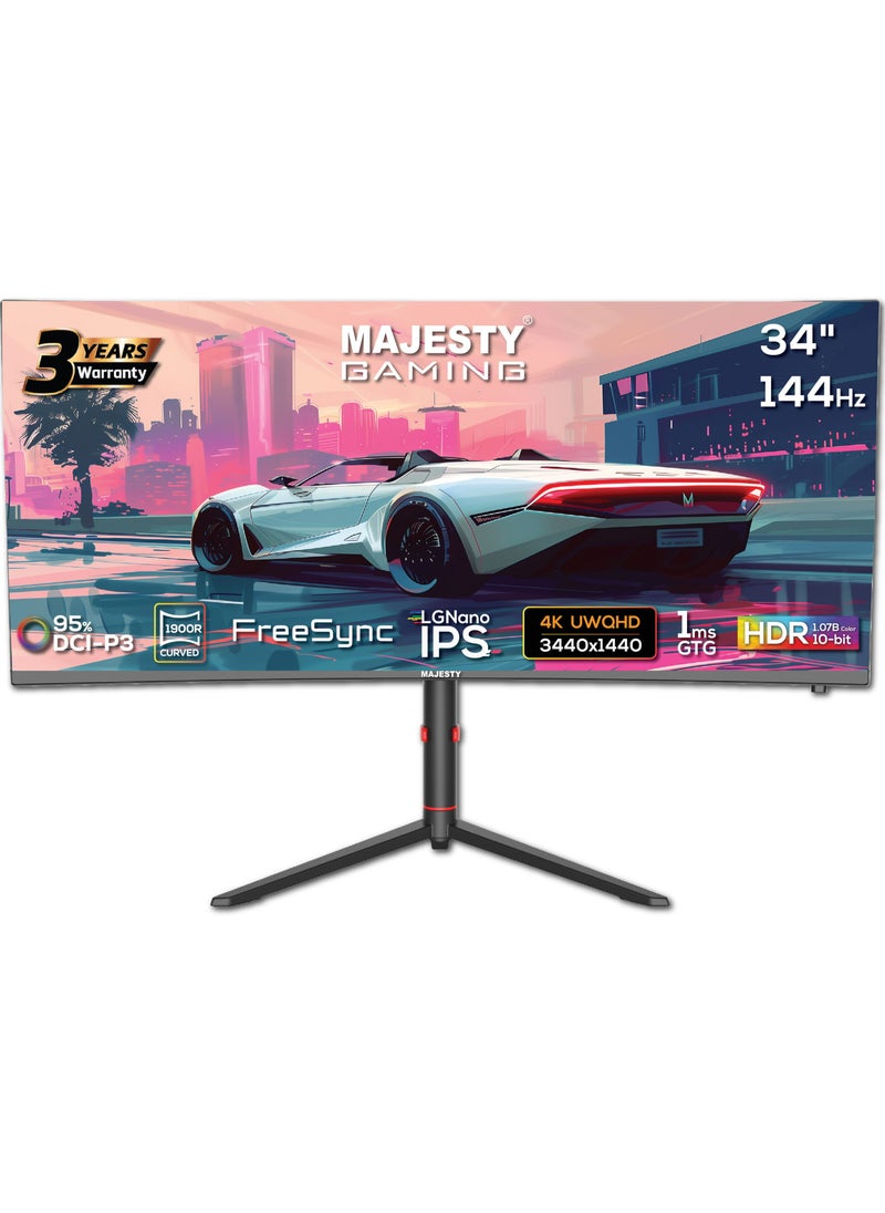 ماجيستي - ماجيستي شاشة العاب 34 انش منحنية 4K UWQHD 3440x1440, Nano IPS, 144Hz, 1ms GTG, منحنية 1900R, HDR400, 10Bit , DCI-P3 95%, Free SYNC , إنارة DisplayPort, HDMI, VESA, حامل قابل للتعديل - Image 1