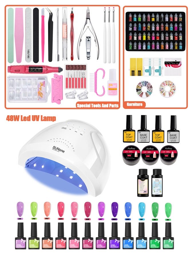 Generic Gel Nail Polish Kit ， 48W Led UV Lamp, 12 Colors Nail Polish with Base Coat and Top coat Set, 3 Colors Quick Gel Nail Extension Kit, 48 Bottles Pearl Rhinestone Art Deco Tools,Kit Gift For Women  - Image 1