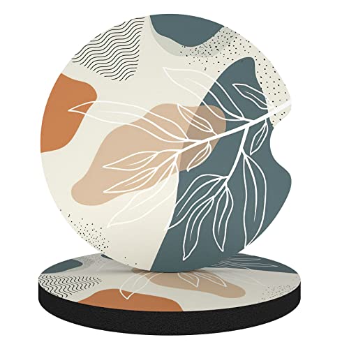 Aiawoxc Car Cup Holder Coasters 2 Pack Universal Auto Anti Slip Insert Coaster with A Finger Notch Cute Car Assecories for Women Men Cup Mat for Most Interior Abstract Boho Leaves - Image 1