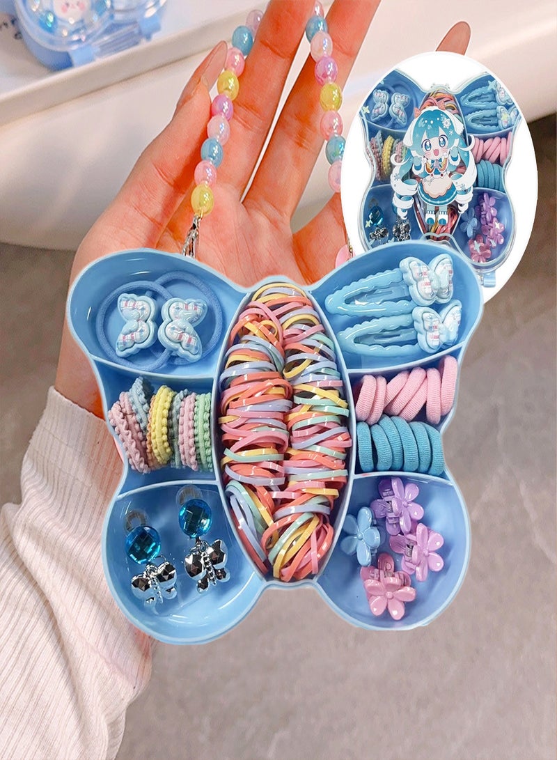 بوليفياز مجموعة إكسسوارات شعر بوليفيا للفتيات: صندوق هدايا فراشة زرقاء - 2 مشابك كرتون، 2 مشابك شعر، أقراط أطفال، أربطة شعر ملونة وأقواس | هدية مثالية لأعياد الميلاد/الحفلات/المناسبات للفتيات 3-12 سنة - Image 4