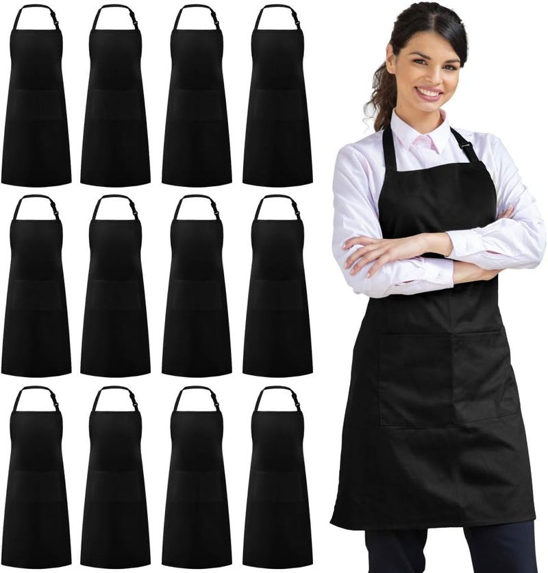KBNBJ 12 Pack Bib Apron, Unisex Aprons Adjustable Waterdrop Resistant with 2 Pockets Cooking Kitchen Apron for Chef, BBQ Drawing Apron Bulk (BLACK) - Image 1
