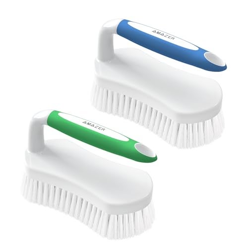 Amazer Scrub Brush for Cleaning Comfort Grip Shower Scrubber Flexible Stiff Bristles with Handle Heavy Duty Cleaner Brush for Tub Sink Carpet Floor  Pack of 2 BlueGreen