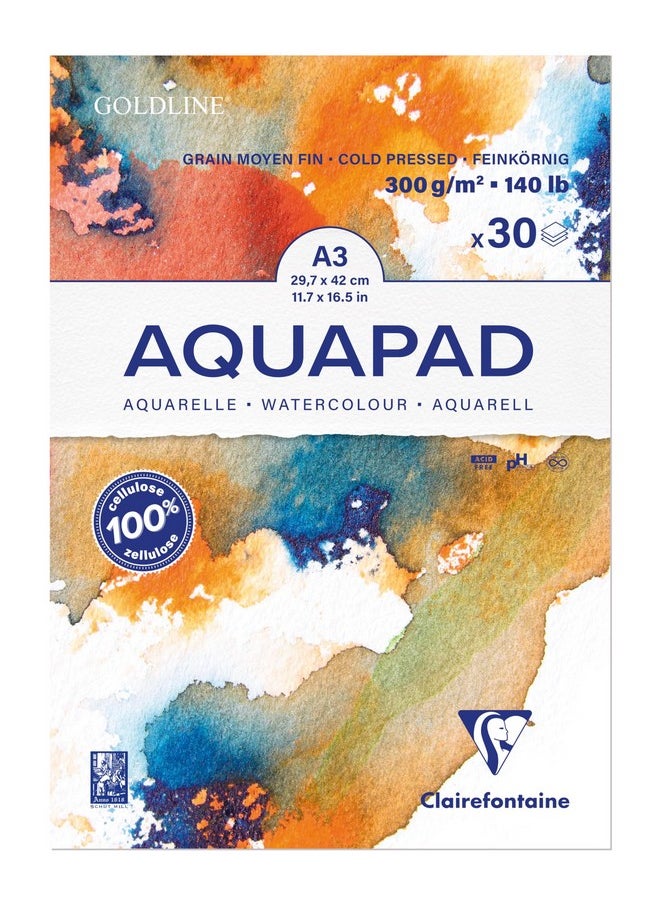 Clairefontaine CLAIREFONTAINE GOLDLINE AQUAPAD, 100% Cellulose, Medium FINE Grain, 300G (A3, 30 Sheets)  - Image 1