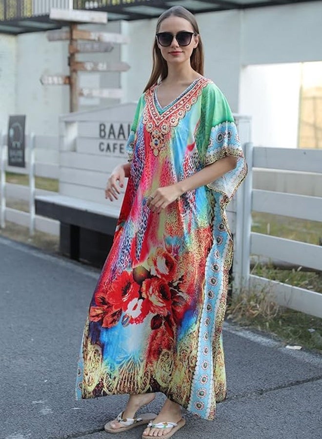 JCB CHIC فستان قفطان صيفي طويل ， فستان قفطان قفطان نسائي قطن مطبوع كيمونو سباحة بغطاء كيمونو فضفاض رداء شاطئ فضفاض فستان ماكسي للمنزل المريح أو للنزهات على الشاطئ  - Image 2