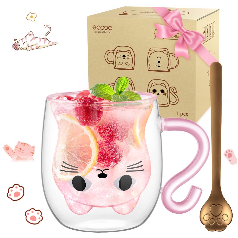 ecooe Cute Cat Mug Double Walled Glass Mug 290ml Coffee Cup Cappuccino Latte Glass Milk Tea Cup Birthday Christmas Valentines Day Cat for Women Wife Mum Girls Kids Friends Teachers Cat Lovers