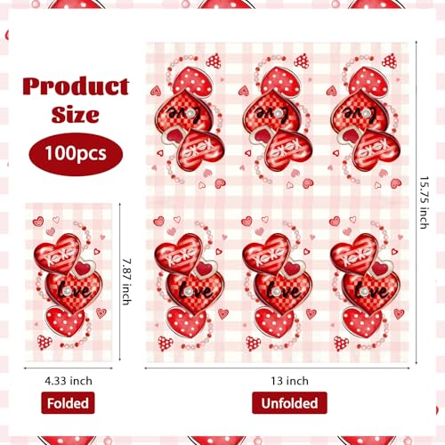 Greencian 100Pcs Valentine Paper Napkins 3 Ply Red Pink Heart Love XOXO Disposable Absorbent Hand Towels Valentine's Day Decorative Guest Napkins for Wedding Romantic Lunch Dinner Bathroom Party Decorations - Image 4
