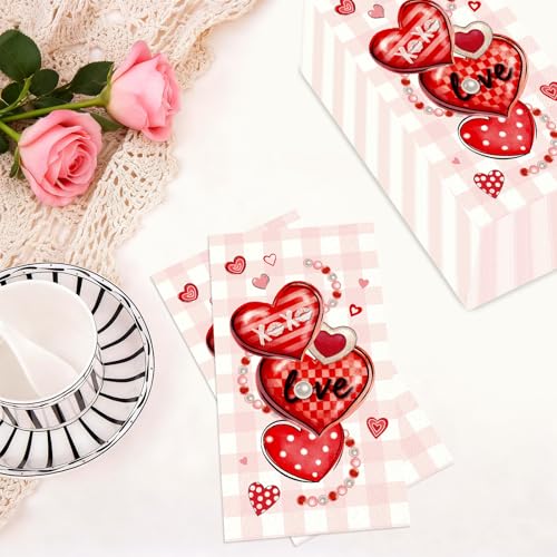 Greencian 100Pcs Valentine Paper Napkins 3 Ply Red Pink Heart Love XOXO Disposable Absorbent Hand Towels Valentine's Day Decorative Guest Napkins for Wedding Romantic Lunch Dinner Bathroom Party Decorations - Image 2