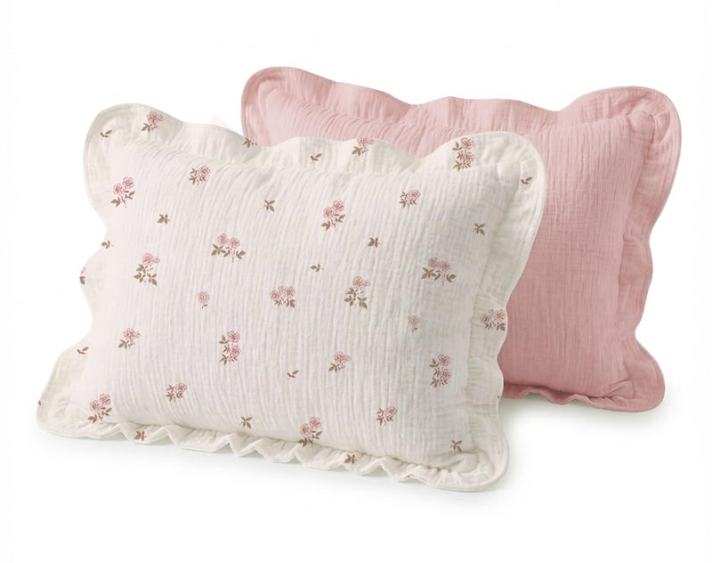 Wimist Muslin Ruffled Toddler Pillowcases 13"x18" 2 Pack, Soft, Breathable Muslin Cotton Travel Pillow Covers with Envelope Closure for Baby Boys, Girls & Kids (Vintage Blossom-Ruffled, 13 x 18 Inch) - Image 1