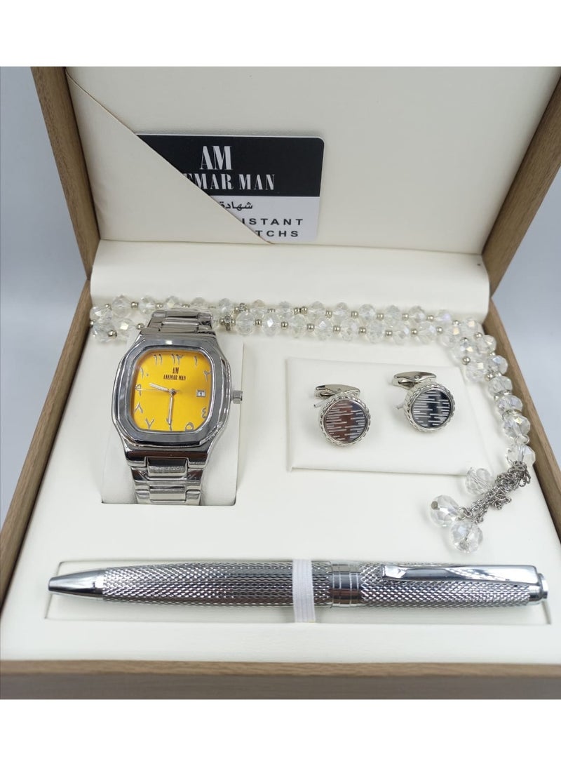 ANEMAR MAN A high-quality, elegant men's gift set including a watch, pen, prayer beads, cufflinks, and a silver bracelet with a yellow dial.
