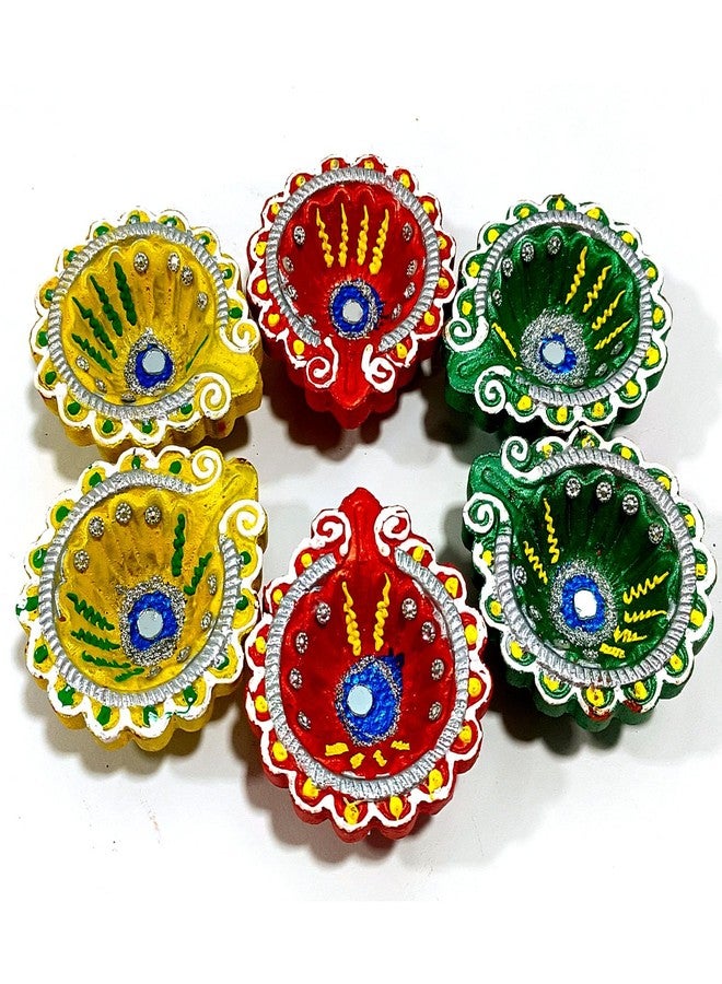 YADNESH مجموعة من 6 مصابيح طينية خاصة بعيد ديوالي، تُستخدم كديكور منزلي واحتفالات، منحوتة بشكل جميل من الطين لهذا العيد. تُعد المصابيح الطينية جزءًا أساسيًا من احتفالات ديوالي. (متعددة الألوان) - Image 1