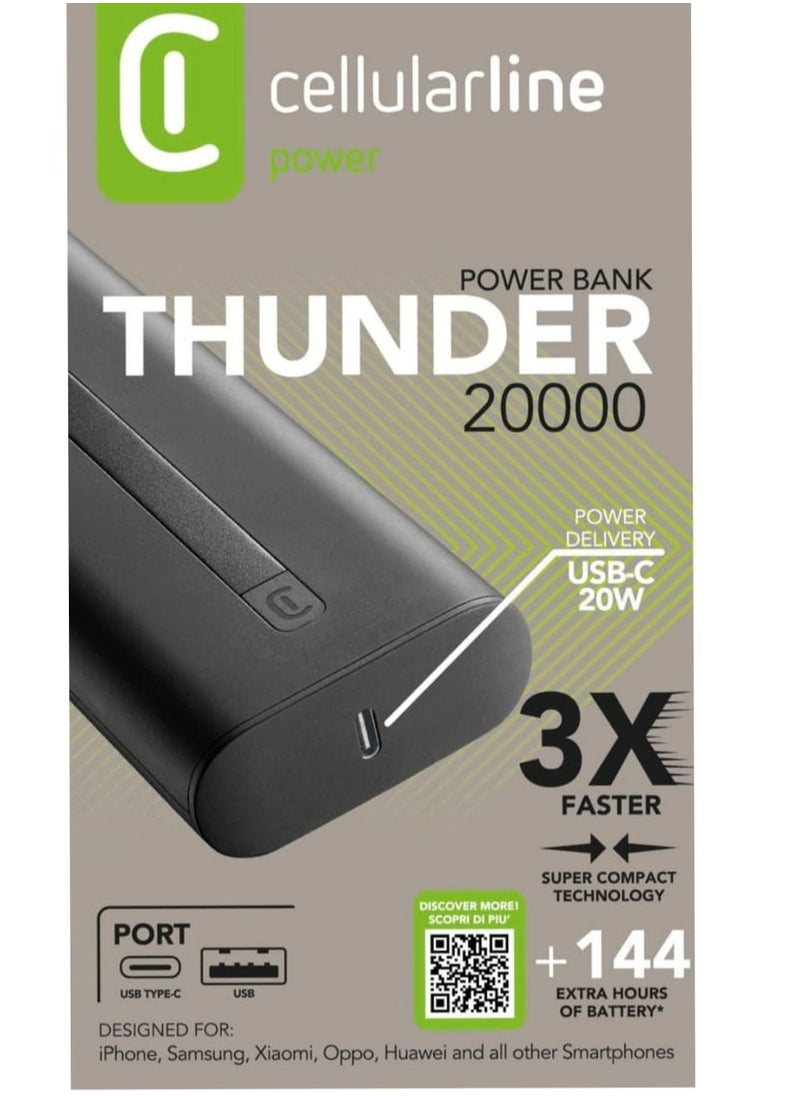 Cellularline - Cellularline | Thunder Portable Charger | 20000mAh Powerbank Battery Charger - Fast Charging for Mobile Phone - Compact - USB C Cable Included - Image 1