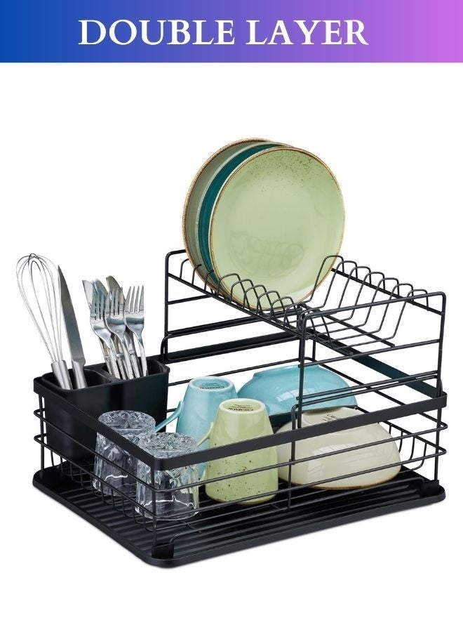 RACK STORE Dish Drying Stand with Drainer 2 Tiers Large Kitchen Dish Rack Bowl Storage Rack Plate Organizer Utensil Holder Dish Drainer For Kitchen Countertop Large Capacity Black Colour - Image 1