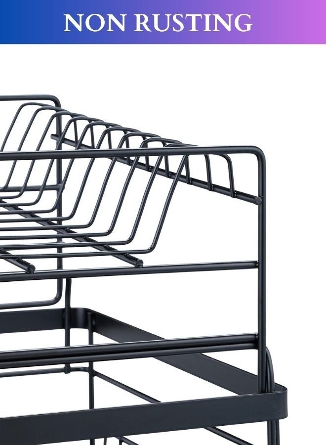 RACK STORE Dish Drying Stand with Drainer 2 Tiers Large Kitchen Dish Rack Bowl Storage Rack Plate Organizer Utensil Holder Dish Drainer For Kitchen Countertop Large Capacity Black Colour - Image 4