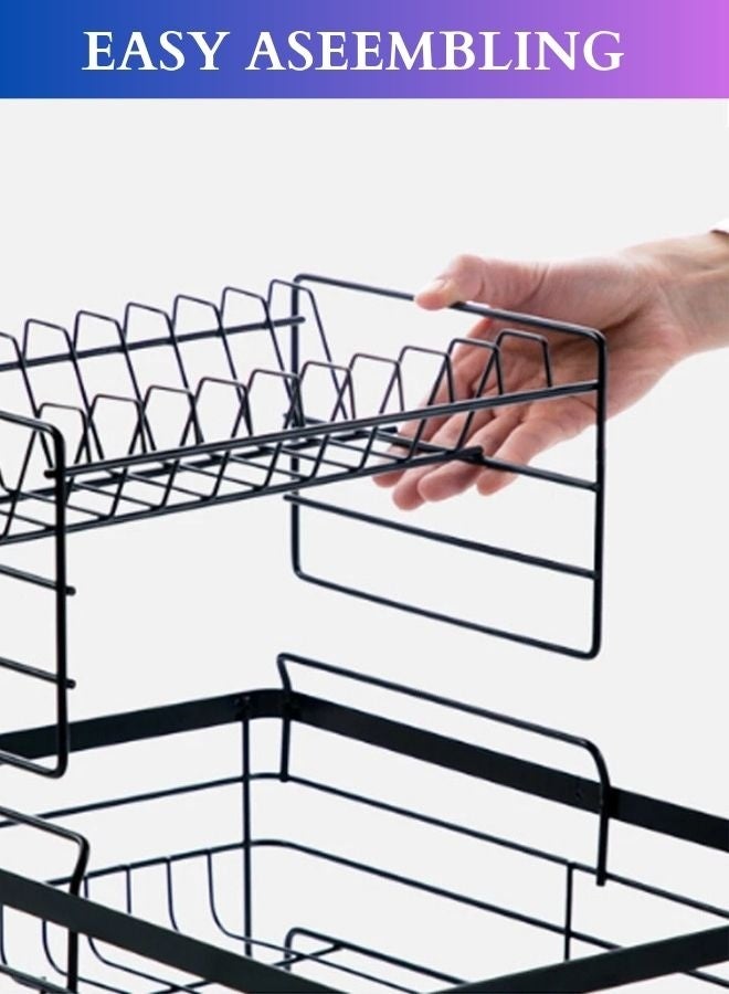 RACK STORE Dish Drying Stand with Drainer 2 Tiers Large Kitchen Dish Rack Bowl Storage Rack Plate Organizer Utensil Holder Dish Drainer For Kitchen Countertop Large Capacity Black Colour - Image 5