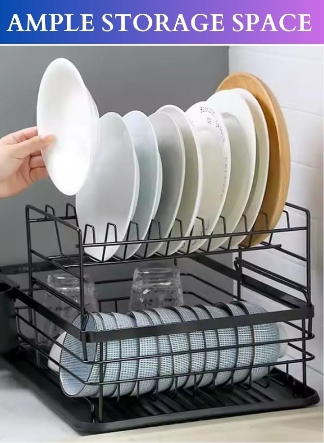 RACK STORE Dish Drying Stand with Drainer 2 Tiers Large Kitchen Dish Rack Bowl Storage Rack Plate Organizer Utensil Holder Dish Drainer For Kitchen Countertop Large Capacity Black Colour - Image 3