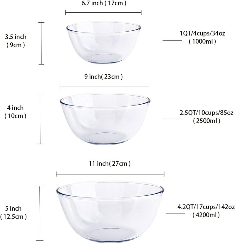 Homwin Glass Mixing Bowl Set for Baking 3Piece Salad Bowl Set 1qt 25qt 42qt High Brosilicate Large Bowls for Kitchen Prepping Serving and Storage Microwave Dishwasher Oven Safe - Image 3