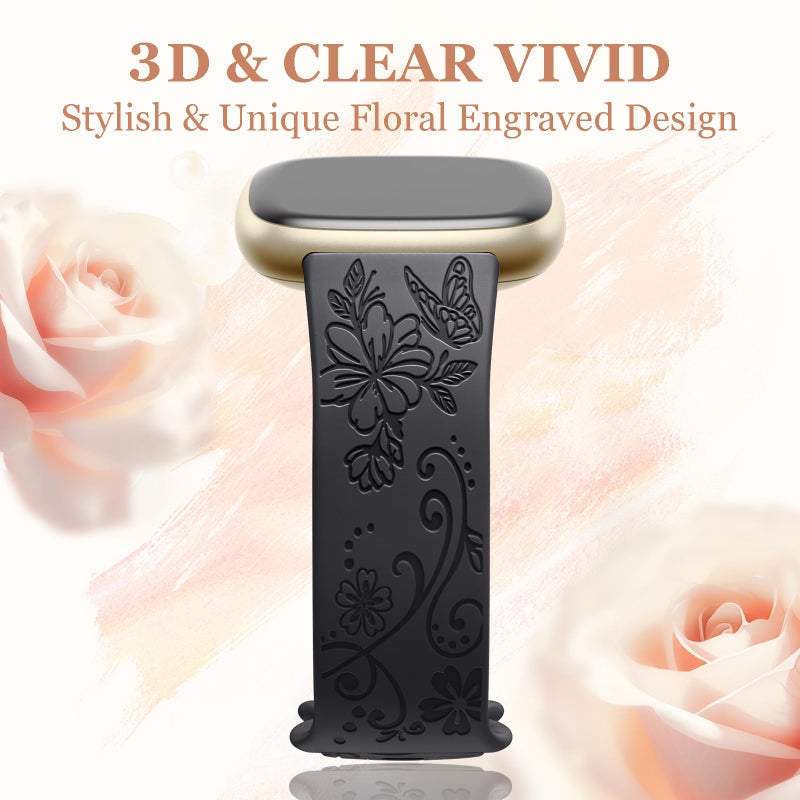 Getino Engraved Band Compatible with Fitbit Versa 4 Bands for Woman/Versa 3 Bands & Fitbit Sense 2 Bands/Sense Bands, Soft Floral Pattern Sport Accessories for Sense/Sense 2/Versa 4/3 Watch, Black - Image 2