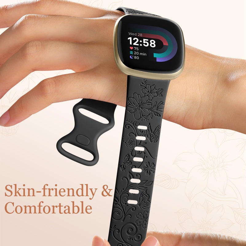 Getino Engraved Band Compatible with Fitbit Versa 4 Bands for Woman/Versa 3 Bands & Fitbit Sense 2 Bands/Sense Bands, Soft Floral Pattern Sport Accessories for Sense/Sense 2/Versa 4/3 Watch, Black - Image 4