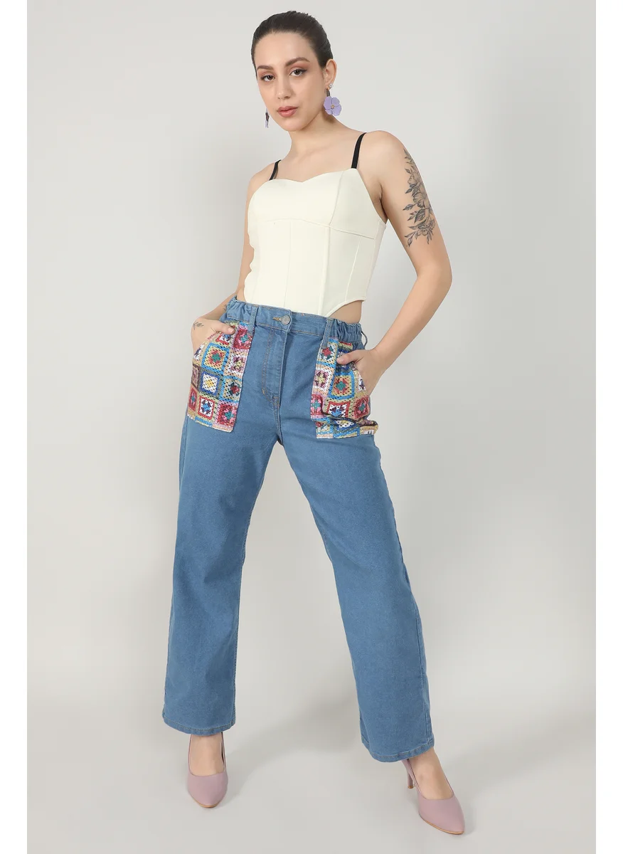 Campus Sutra Women's Light Blue Contrast Patch Denim Jeans