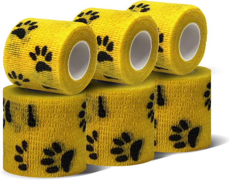 Risen Self Adhesive Bandage Wrap 6 Pack,2”x 5 Yards Medical Tape for Christmas Gifts,Gauze Rolls First Aid Vet Wrap Adherent Bandages for Sports,Dogs(Yellow Paw) - Image 1