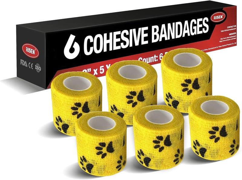 Risen Self Adhesive Bandage Wrap 6 Pack,2”x 5 Yards Medical Tape for Christmas Gifts,Gauze Rolls First Aid Vet Wrap Adherent Bandages for Sports,Dogs(Yellow Paw) - Image 2