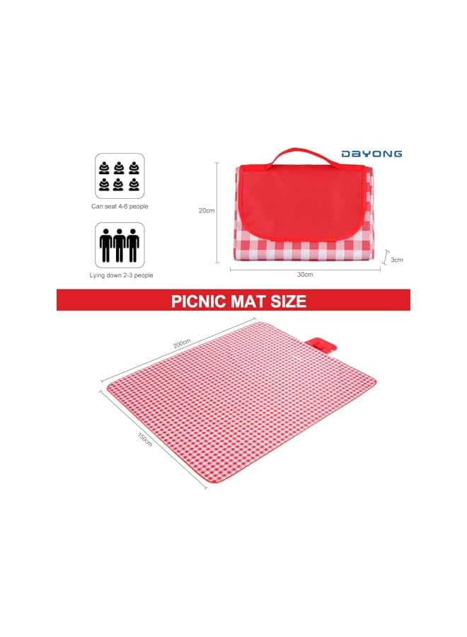DAYONG Large Family Picnic Mat, 1.5m*2m Outdoor Picnic Blanket, Foldable Waterproof Sandproof Beach Blanket for 4-6 People, Portable Beach Mat for Picnic, Camping, Hiking, Travel. (Red grid) - Image 2