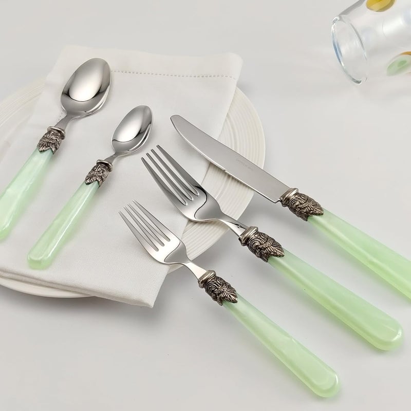 CATHYLIN مجموعة REVERIE 20 قطعة من الفولاذ المقاوم للصدأ 1810 مجموعة أدوات المائدة العتيقة خدمة لـ 4 آمنة في غسالة الصحون 20 أخضر - Image 4