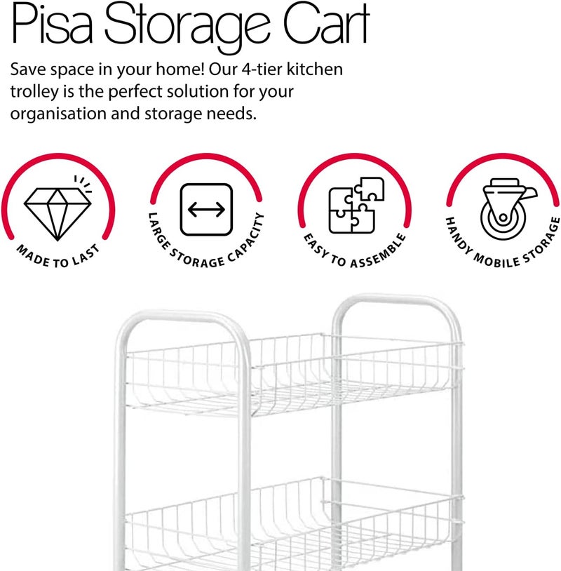 Metaltex Pisa 4-Tier Trolley with Wheels - Multipurpose Storage Cart for Home including Kitchen, Bathroom, Office and Garage – White, 41 x 23 x 84 Centimetres - Image 2