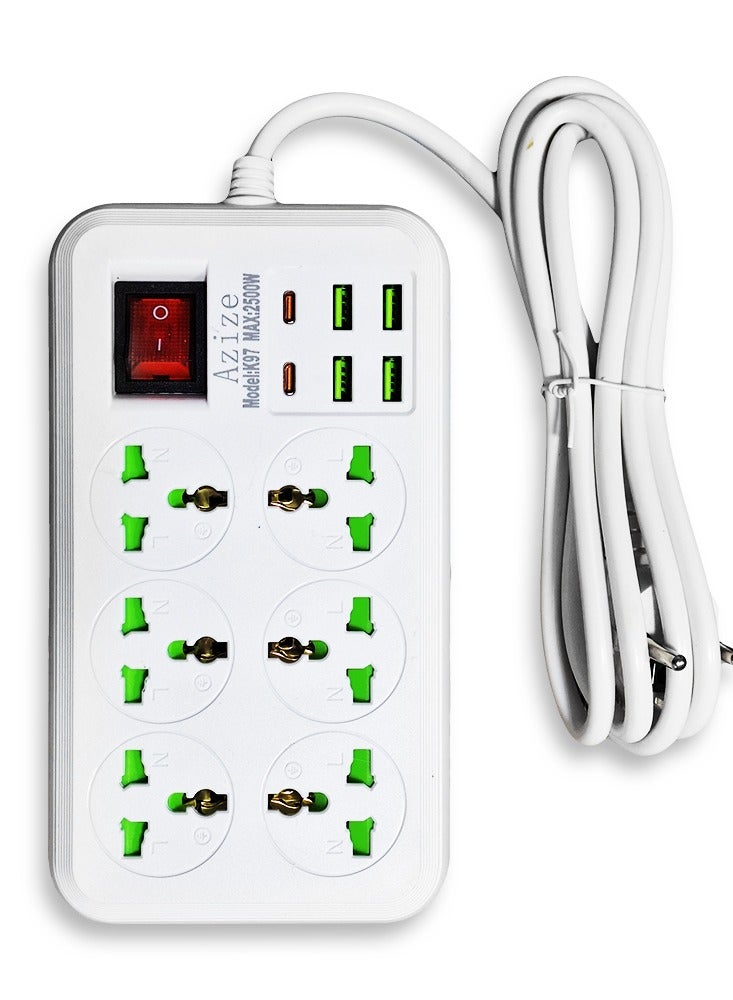 K97 Smart Power Strip, 6-Outlet 2500W Multi-Outlet Power Strip with Surge Protection, 4 USB Ports and 2 Type-C Ports, Fast and Safe Charging for All Devices, Non-Slip Stable Base, Stylish White Design Perfect for Office and Home  - Image 1