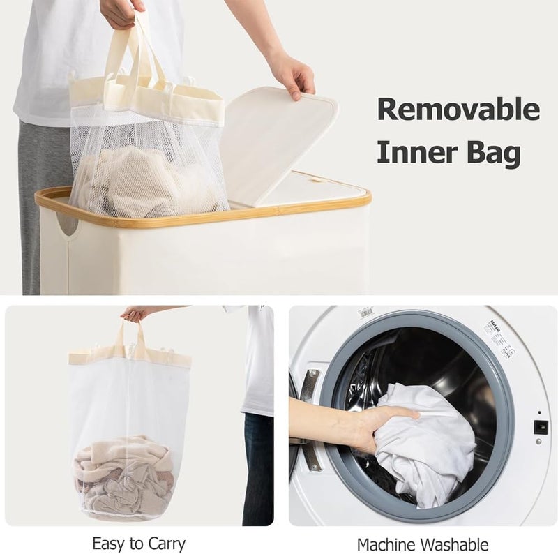 Taizz Ventures 150L Large Laundry Basket with Double Compartment - Foldable Oxford Fabric Hamper with Dustproof Lid & Bamboo Handles for Clothes, Toys, Towels - Space-Saving - (Cream/White, 14.5"L x 22.4"W x 27.1"H) - Image 2