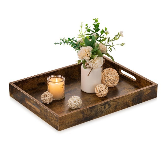 BROWN DECORATIVE SERVING TRAYS RUSTIC BROWN RECTANGLE TRAY DECOR WITH CUTOUT HANDLES FOR COFFEE TABLE OTTOMAN LIVING ROOM KITCHEN HOME DECOR