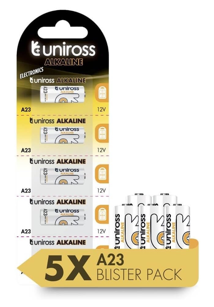 Uniross LR23A MN21 12V Alkaline Battery – (Compatible with A23, V23GA, L1028, 23AE, GP23A, 8LR932, 21/23, MN21, 23A, 23GA, VR22) Pack of 5 Batteries - Image 1