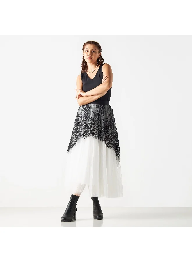 2Xtremz 2Xtremz Mesh Midi A-line Skirt with Lace Overlay and Elasticised Waistband