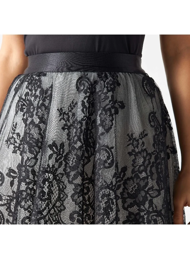 2Xtremz 2Xtremz Mesh Midi A-line Skirt with Lace Overlay and Elasticised Waistband