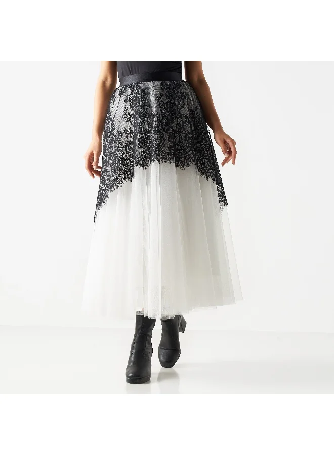 2Xtremz 2Xtremz Mesh Midi A-line Skirt with Lace Overlay and Elasticised Waistband