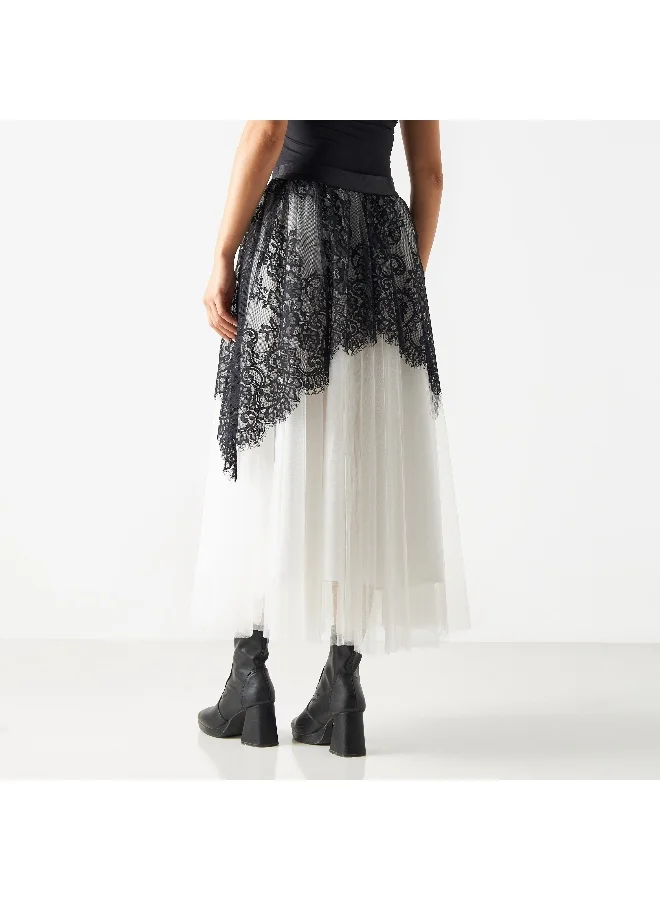 2Xtremz 2Xtremz Mesh Midi A-line Skirt with Lace Overlay and Elasticised Waistband