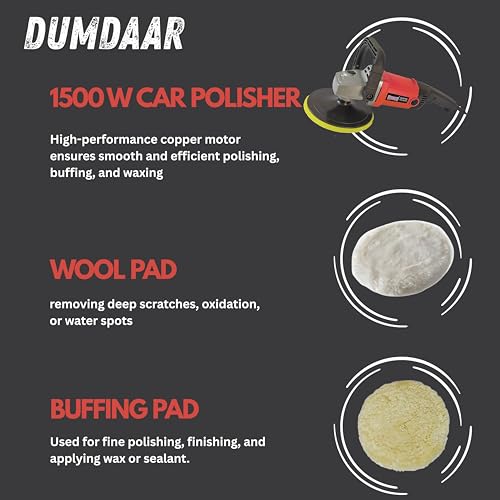 Inditrust Dumdaar 1500W Car Polisher Machine | 180mm | Variable 6-Speed 600-2800 RPM | 100% Copper Winding | D-Handle | Includes Wool Pad + Backing Pad - Image 4
