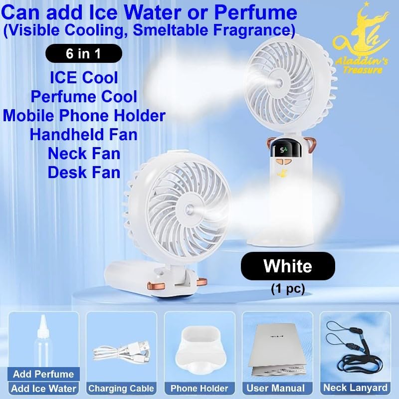 [6 in 1] Aladdin Fan Portable, High Speed Ice Cool Water Fan, ICE Wind+Perfume Cool+Mobile Phone Holder+Handheld+Neck+Desk Personal Fan,Large Battery, OLED, Visible Cooling Smeltable Fragrance (White) - Image 2