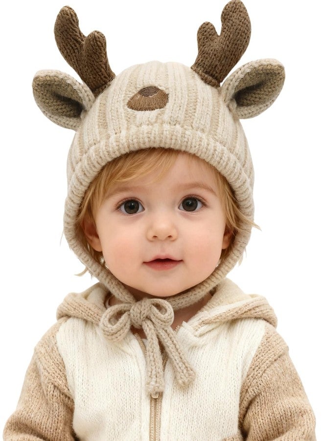 MOSSTYUS Cute Reindeer Antlers Baby Hat Slouchy Beanie Winter Warm Crochet Knitted Hat Bonnet for Toddler Girls Boys,Beige,6M-3Y - Image 1