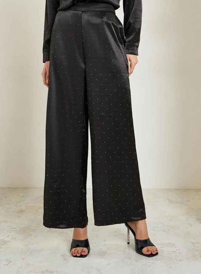 Styli Women Black Embellished Wide Leg Pants