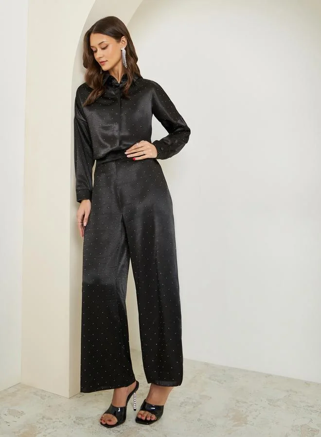 Styli Women Black Embellished Wide Leg Pants