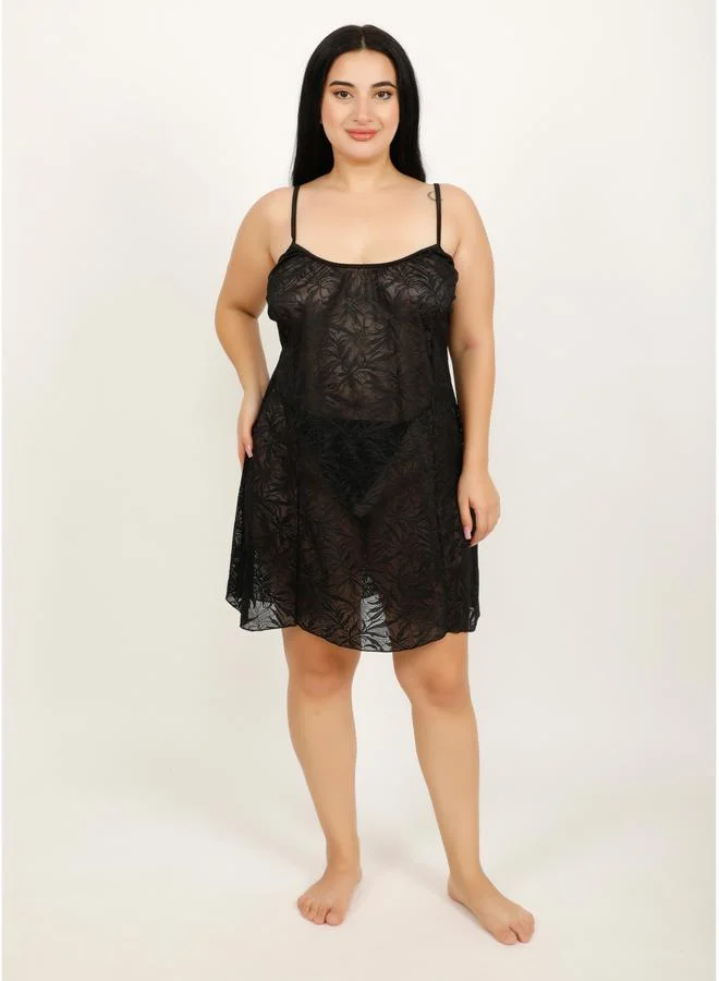 Take Two Plus Size Black Textured Lace Babydoll By Hill Islands