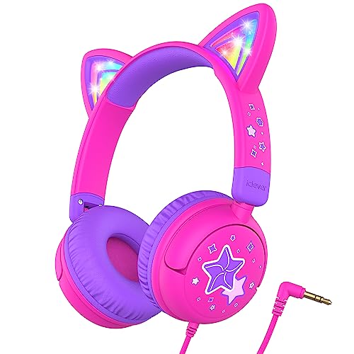 iClever Kids Headphones Cat Ear LED Light Up 85dBA Safe Volume Stereo Sound Toddler Headphones for Travel School Foldable 35mm Wired Kids Headphone for iPad Tablets Meow LollipopHot Pink - Image 1