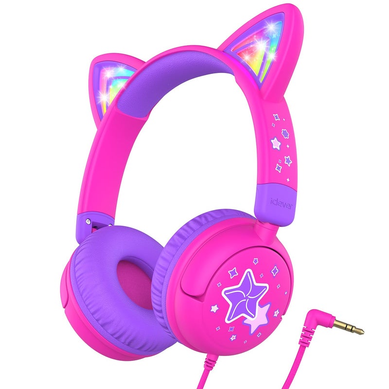 iClever Kids Headphones Cat Ear LED Light Up 85dBA Safe Volume Stereo Sound Toddler Headphones for Travel School Foldable 35mm Wired Kids Headphone for iPad Tablets Meow LollipopHot Pink - Image 2
