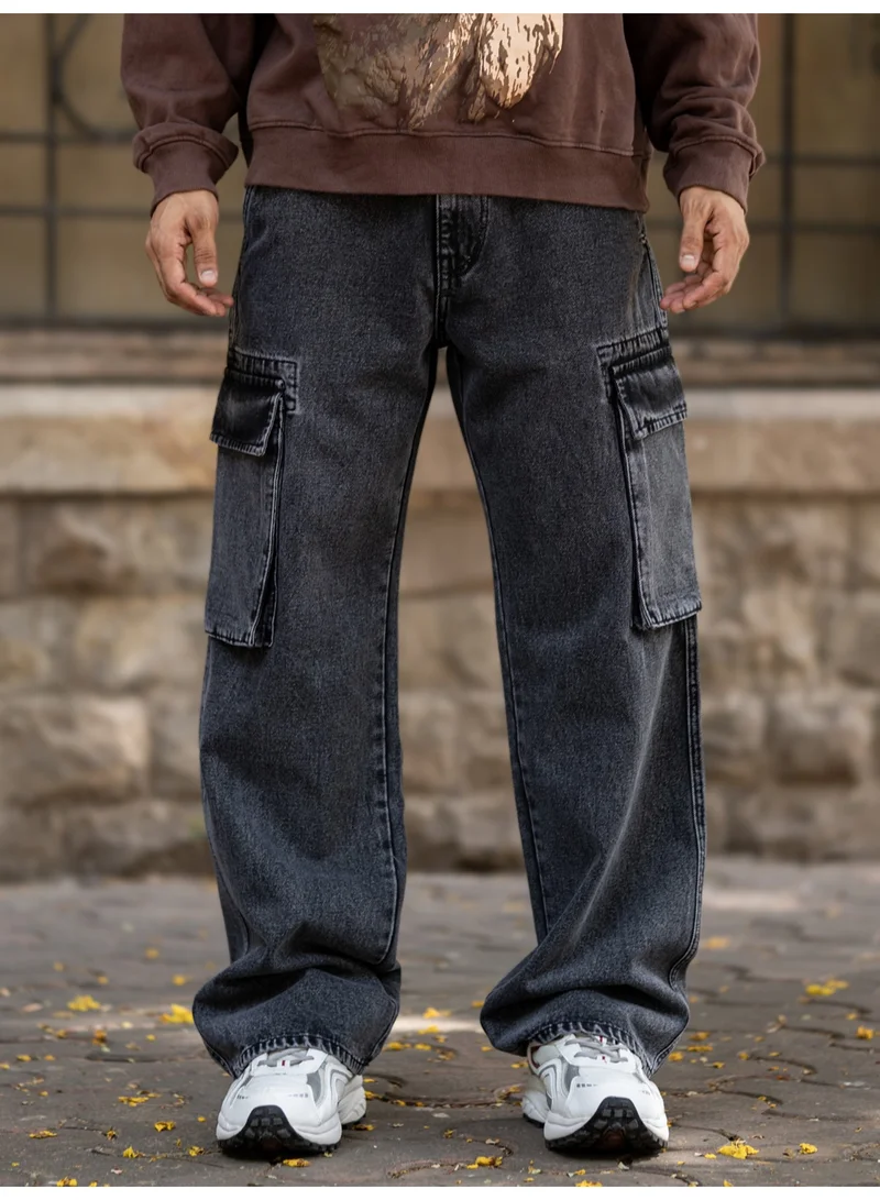 Maniac Mens Solid Baggy Graphite Denim Fabric Cargo Jean