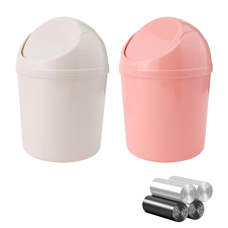 SITAKE 2 Pcs Plastic Mini Wastebasket Trash Can with Swing Lid with 120 Trash Bags, Tiny Desktop Waste Garbage Bin for Home, Office, Kitchen, Vanity Tabletop, Bedroom, Bathroom (Pink + Beige) - Image 1