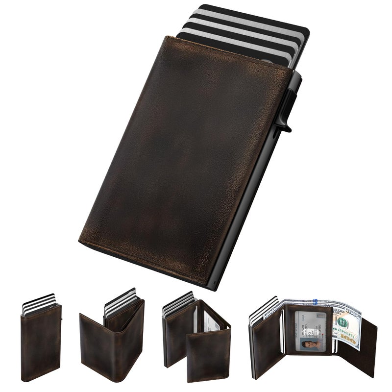 typecase Mens Wallet Card Holder: Pop Up Aluminum Case, Full Grain Leather, RFID Blocking, Smart, Slim, Minimalist, Front Pocket - 9-14 Card Capacity | ID Window | Cash Slot (Burnished Black) - Image 1