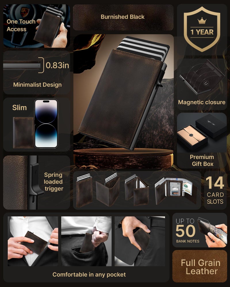 typecase Mens Wallet Card Holder: Pop Up Aluminum Case, Full Grain Leather, RFID Blocking, Smart, Slim, Minimalist, Front Pocket - 9-14 Card Capacity | ID Window | Cash Slot (Burnished Black) - Image 2