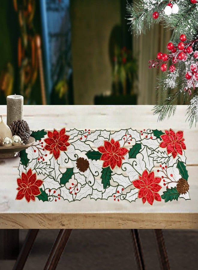 OWENIE Christmas Table Runner, Embroidered Red Poinsettia Short Table Runner 36 Inches, White Textured Fabric Runner with Applique Velvet Flower for Dining Table, Holiday Table Decoration - Image 2