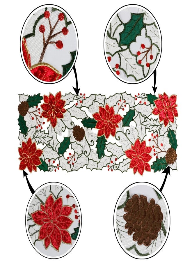 OWENIE Christmas Table Runner, Embroidered Red Poinsettia Short Table Runner 36 Inches, White Textured Fabric Runner with Applique Velvet Flower for Dining Table, Holiday Table Decoration - Image 3